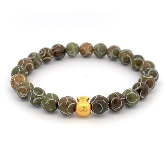 Unbranded Jewelry - 24K Gold Money Bag Lucky Charm Bracelet Gemstones Brown Multicolor Carved Jade